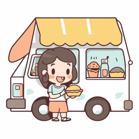 Illustration of a Girl Holding a Plate of Food in Front of a Van