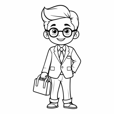 Businessman cartoon with briefcase. Black and white vector illus