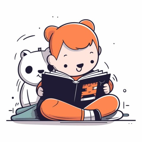 Little girl reading a book. Cute cartoon character vector illust