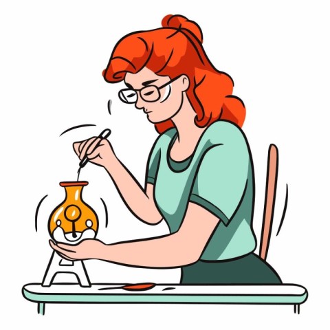 Vector illustration of a woman in glasses working with a vase.