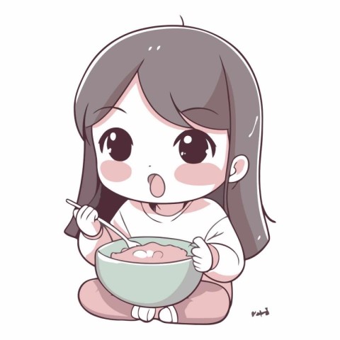 Illustration of a Cute Little Girl Eating a Bowl of Rice