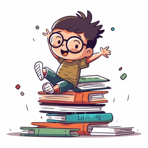 Cute happy boy sitting on a pile of books.