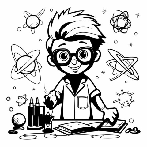 Vector illustration of a boy studying science. Black and white i