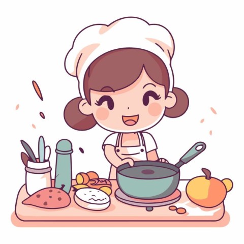 Cute little chef girl cooking in the kitchen.