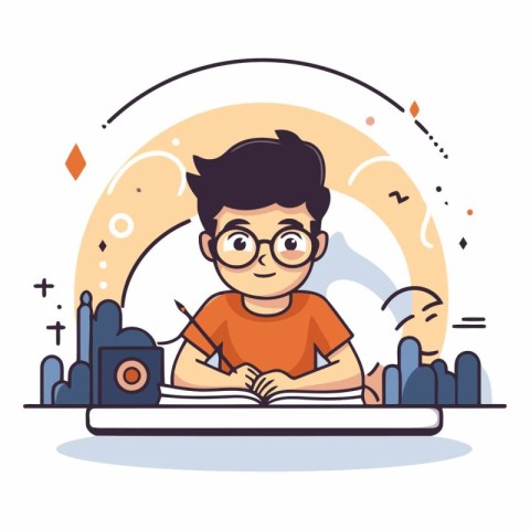 Cute boy doing homework in a flat style.