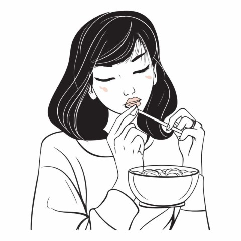 Illustration of a woman eating a bowl of noodle with chopsticks