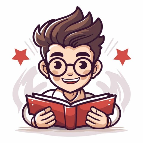 Cute boy reading a book in cartoon style.