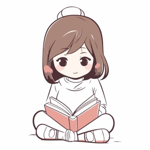 Cute little girl reading a book. Hand drawn vector illustration.
