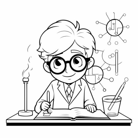 Black and White Cartoon Illustration of a Scientist or Professor