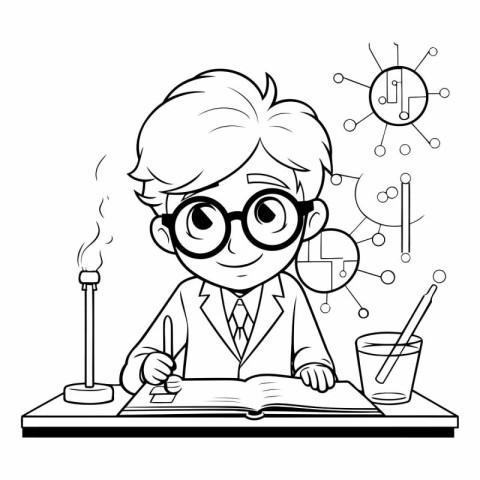 Black and White Cartoon Illustration of a Scientist or Professor