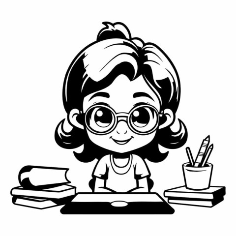 Cute schoolgirl with glasses and books. Black and white vector i