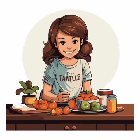 Girl cooking healthy food in the kitchen cartoon vector illustra