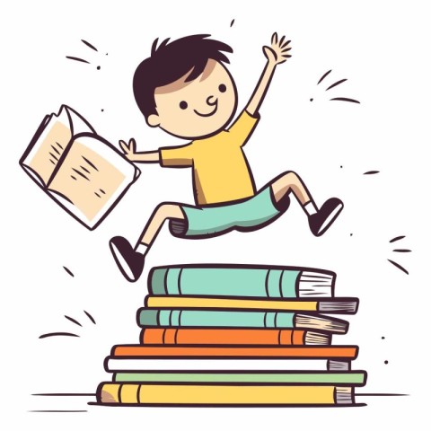 Happy boy jumping from a pile of books. Vector cartoon illustrat