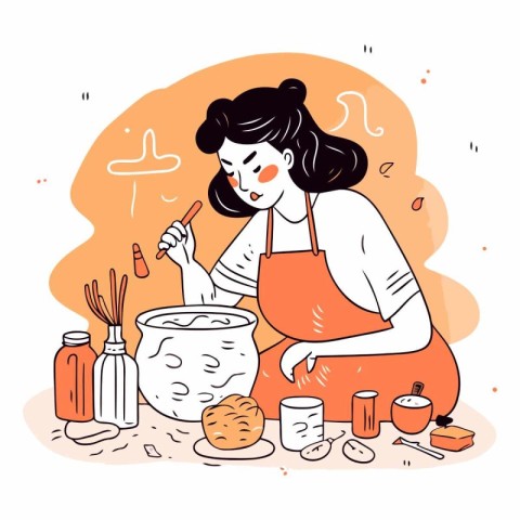 Beautiful woman cooking at home. Hand drawn vector illustration