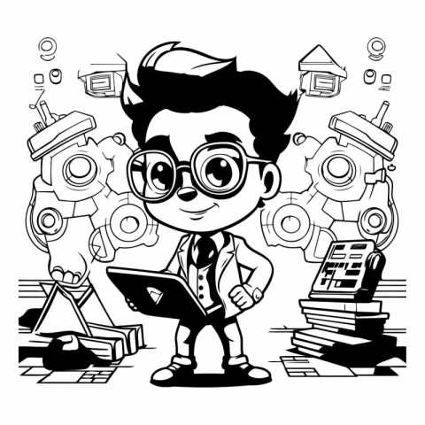 Black and White Cartoon Illustration of Kid Boy Student with Dig