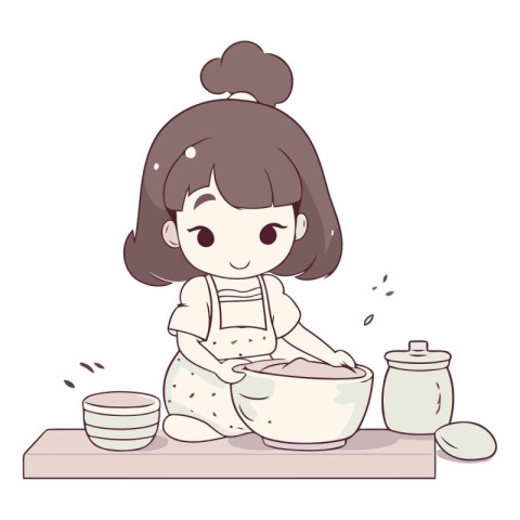 Illustration of a little girl making a cake in the kitchen.