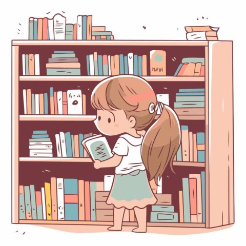 Girl reading a book in the library in cartoon style.