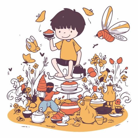 Happy little boy having a tea party. sketch for your design