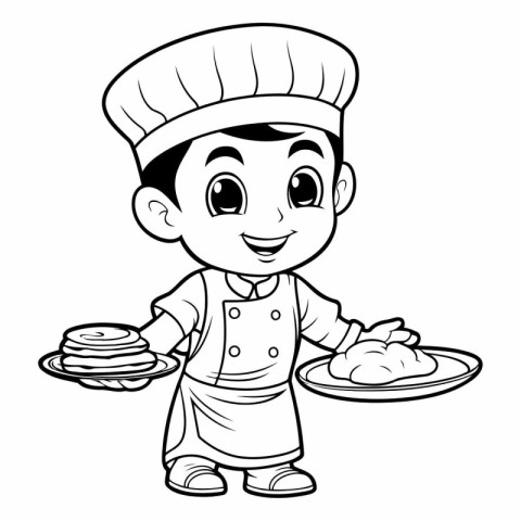 Black and White Cartoon Illustration of Little Boy Chef Characte