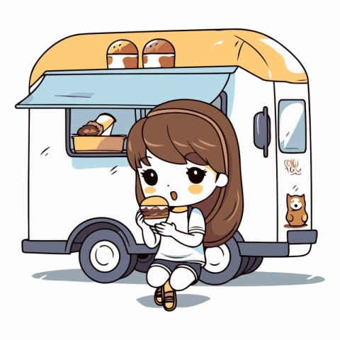 Girl eating a hamburger in front of a campervan.