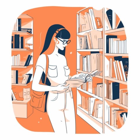 Vector illustration of a young woman in glasses reading a book i