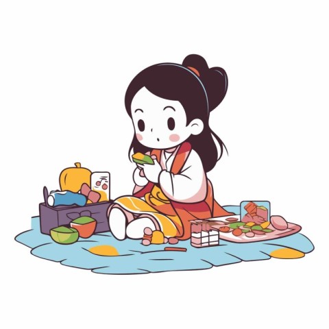 Illustration of a Little Girl in Traditional Costume Eating Vege