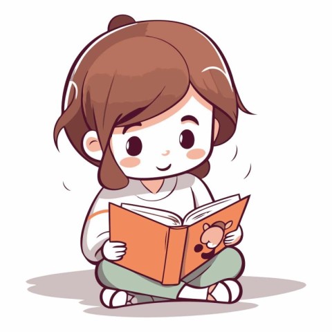 Little girl reading a book. Cute cartoon character.