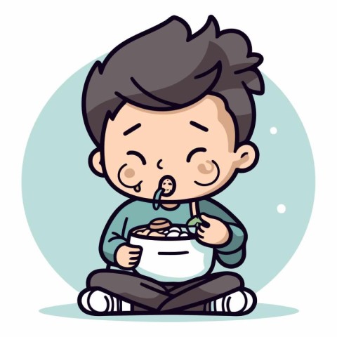 Illustration of a Kid Boy Eating a Bowl of Cereal Food