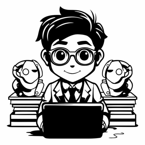 Black and White Cartoon Illustration of School Boy Student with