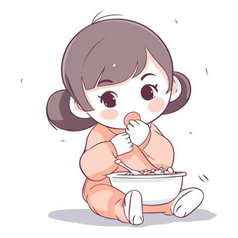 Illustration of a cute little girl eating a bowl of cereals