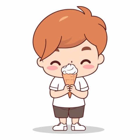 Cute little boy eating ice cream in cartoon style.