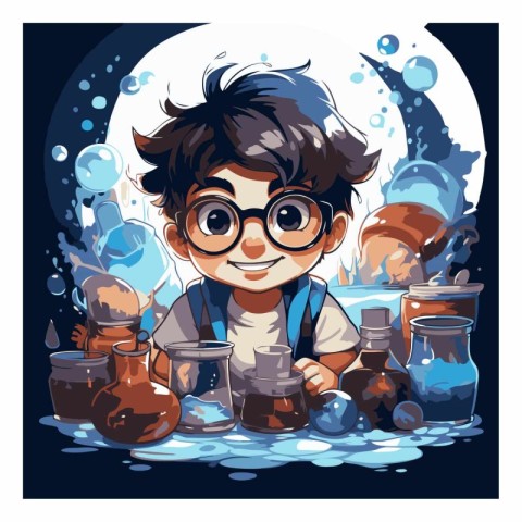 Boy with glasses and a jar full of potion.