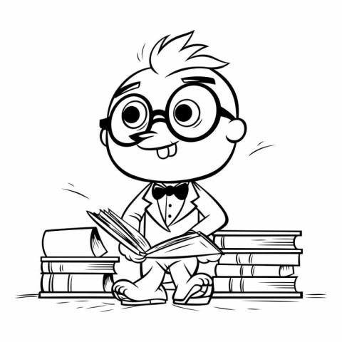 Black and White Cartoon Illustration of Boy Student with Books f