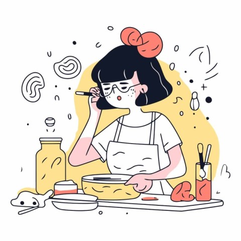 Young woman cooking in the kitchen in cartoon style.