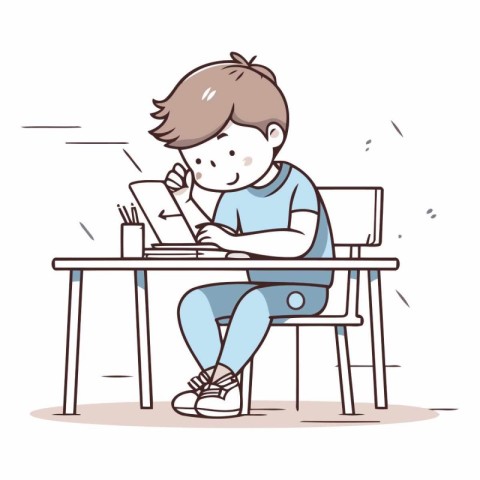 Boy sitting at the desk and using laptop in cartoon style.