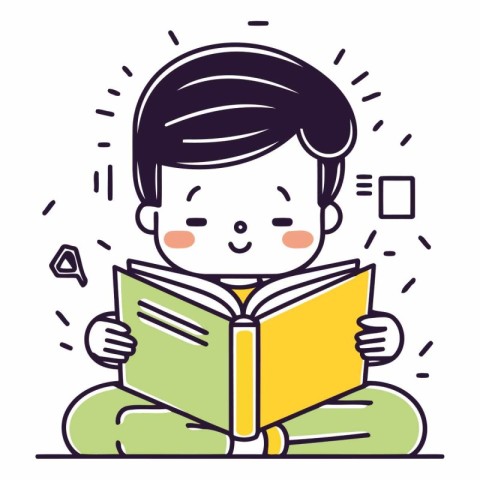 Cute boy reading a book in flat style.