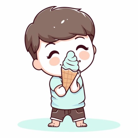 Little boy eating ice cream. Cute cartoon character vector illus