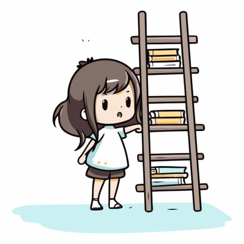 Girl in school uniform standing on ladder and holding books.