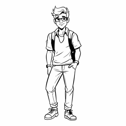 Hipster young man with backpack and glasses cartoon vector illus