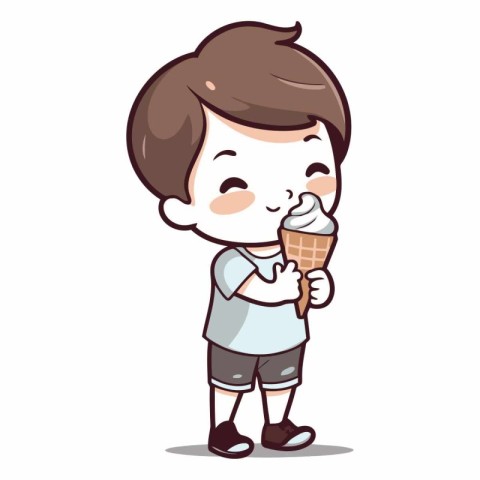 Boy eating ice cream cartoon vector illustration. Cute boy eatin