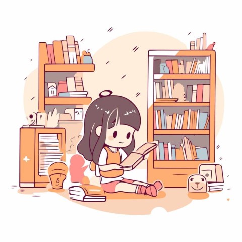 Girl reading a book at home in cartoon style.