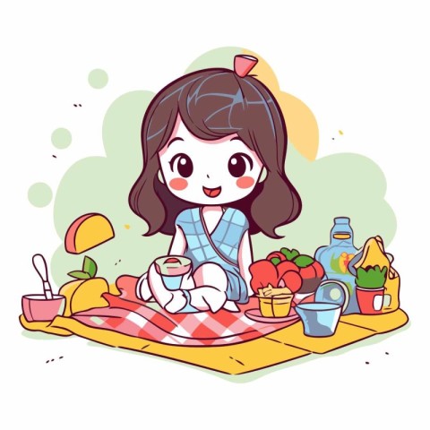 Illustration of a cute little girl sitting on a picnic blanket w