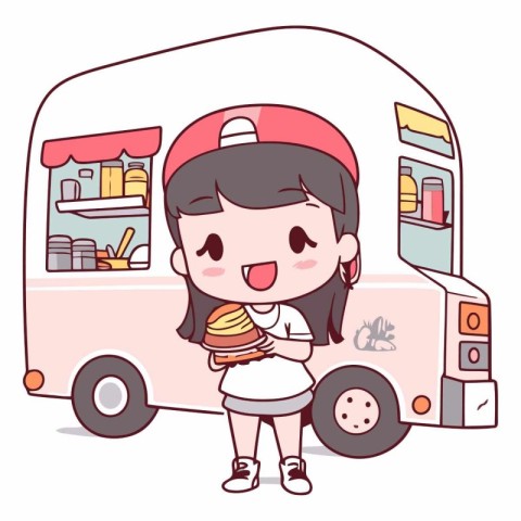 Illustration of a Cute Girl with a Fast Food Truck.