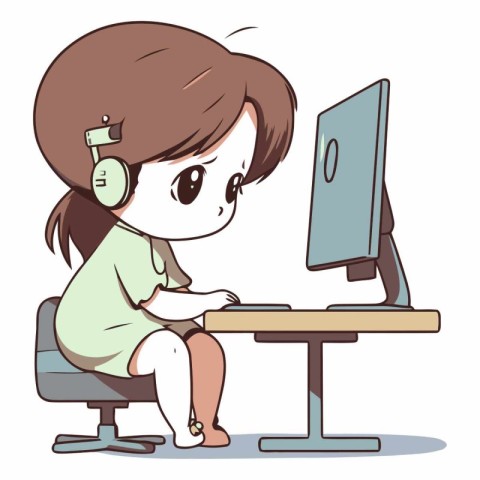 Illustration of a Cute Girl Using a Computer While Sitting Down