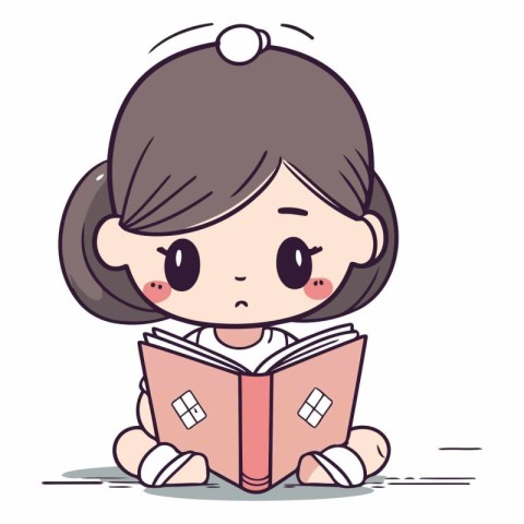 Cute little girl reading a book. Vector cartoon character illust