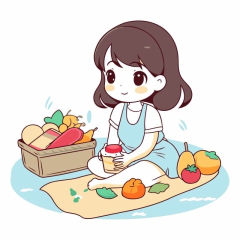 Girl in apron sitting on the floor and eating fresh fruit.