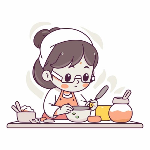 Illustration of a Little Girl Cooking in the Kitchen with a Spoo