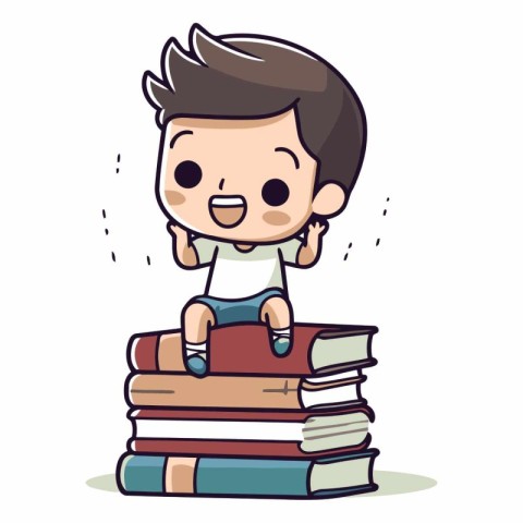 Boy sitting on pile of books - Cute cartoon vector illustration.