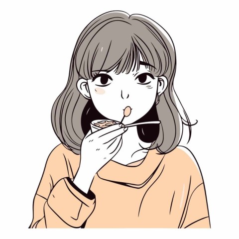 Illustration of a young woman eating yoghurt with chopsticks