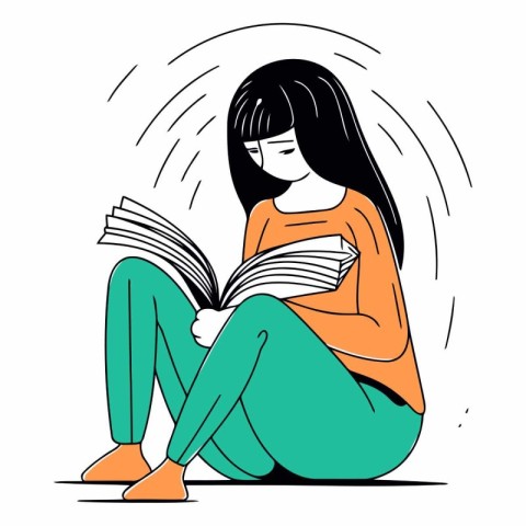 Illustration of a girl reading a book. Flat style vector.